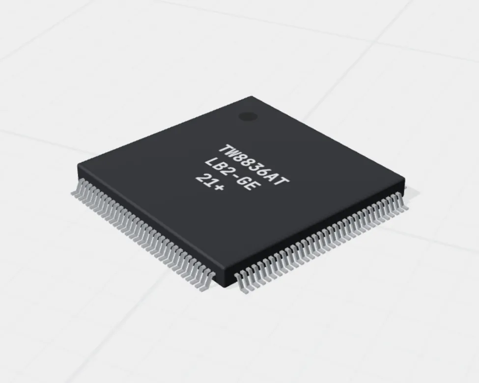Illustrative 3D model of an LQFP-128 package on a millimetre inspection grid