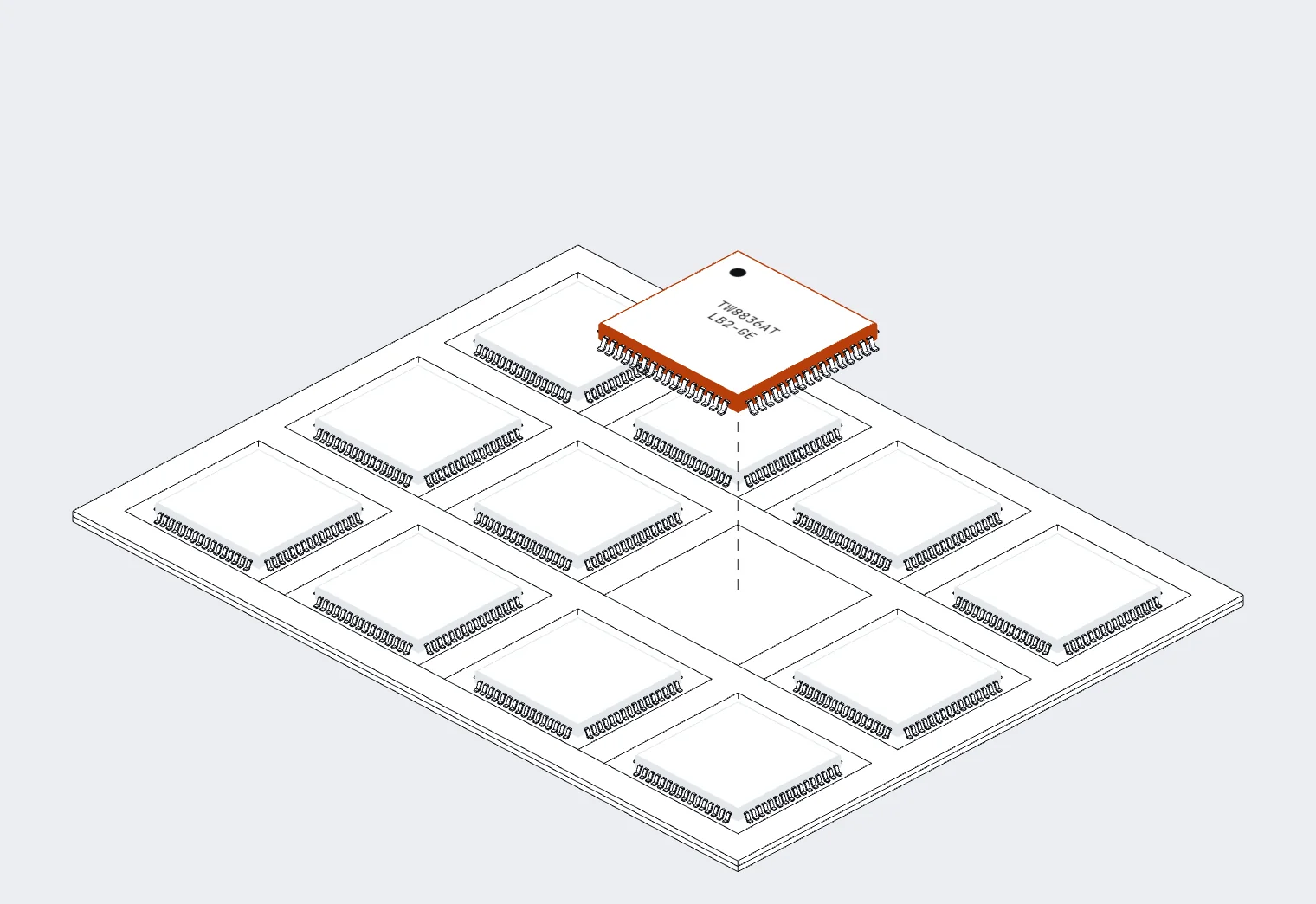 Line drawing: one LQFP package lifted out of a component tray